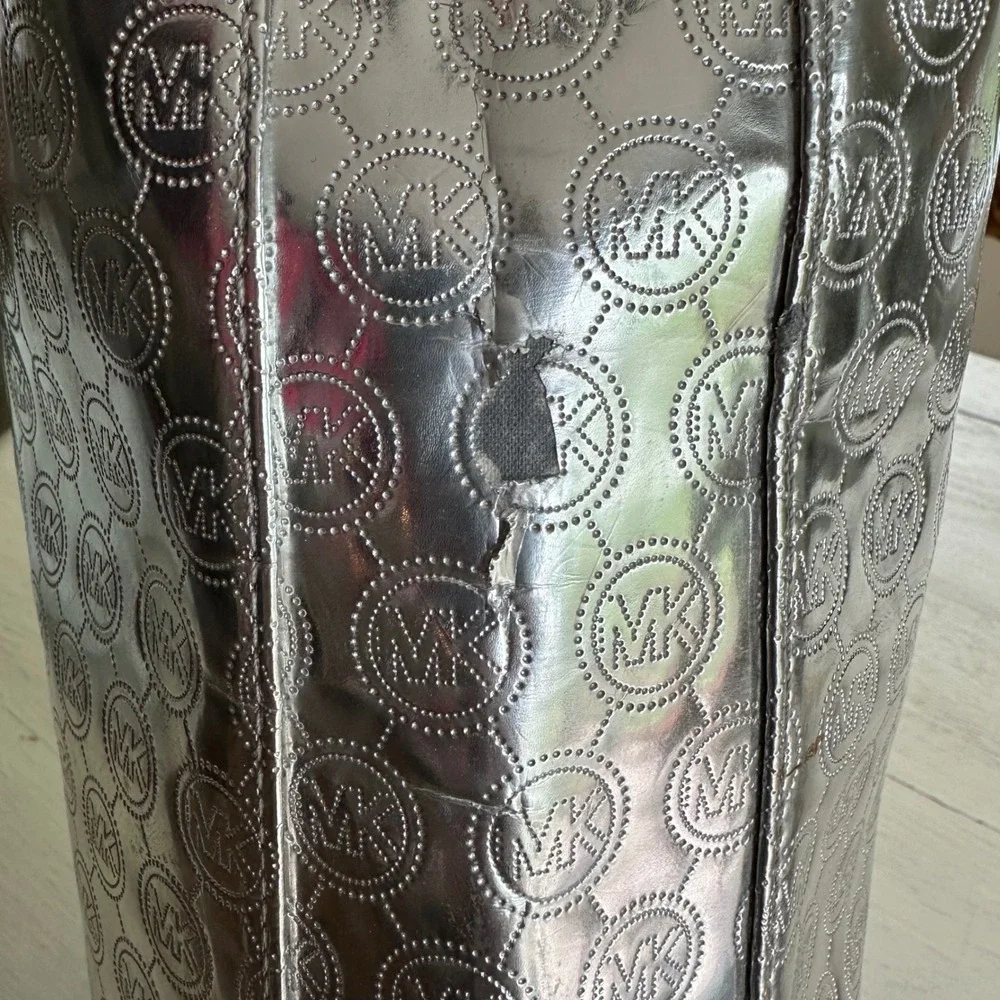 Michael Kors Metallic Silver Embossed Logo Statement Tote Bag Tan Leather Straps